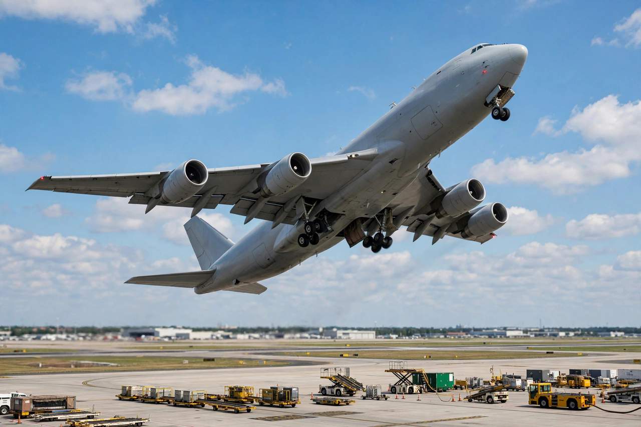 Air freight cargo aircraft being loaded at night