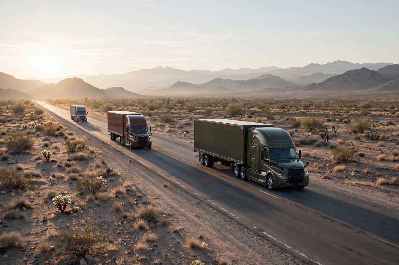 Cross-border freight trucks on a highway at night